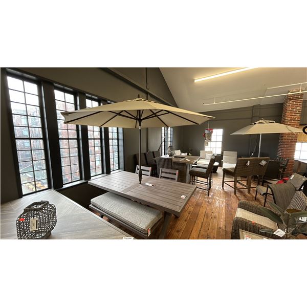 ASHLEY FURNITURE PATIO DINING SET. 5 PIECE, 84" X 42" TABLE, DOUBLE BENCH, 2 CHAIRS,