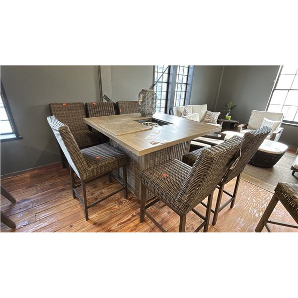 ASHLEY FURNITURE FIRE TABLE PATIO SET. 56" X 56" FIRE TABLE, 6 TALL STOOLS, W/DECORATIVE CANDLE