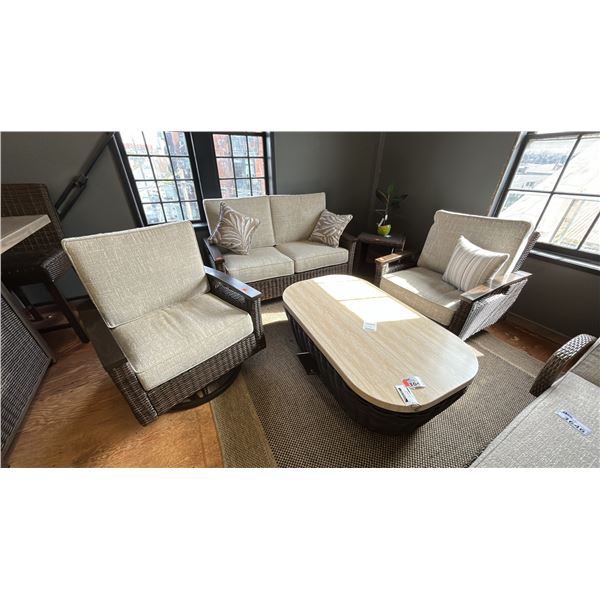 ASHLEY FURNITURE PATIO SET. 5 PIECE, 60" LOVESEAT, SWIVEL ROCKING SIDE CHAIRS, 50" COFFEE TABLE