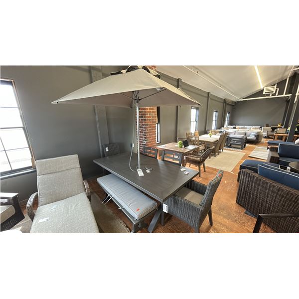ASHLEY FURNITURE 8 SEAT PATIO DINING SET. 80" X 42" TABLE. 8'6" UMBRELLA, 2/3 PERSON BENCH SEAT,