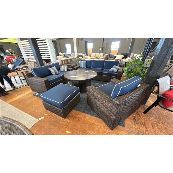 ASHLEY FURNITURE 5 PIECE FIRE TABLE PATIO SET. 48" ROUND FIRE TABLE, 8' WIDE SOFA, 70" LOVESEAT,
