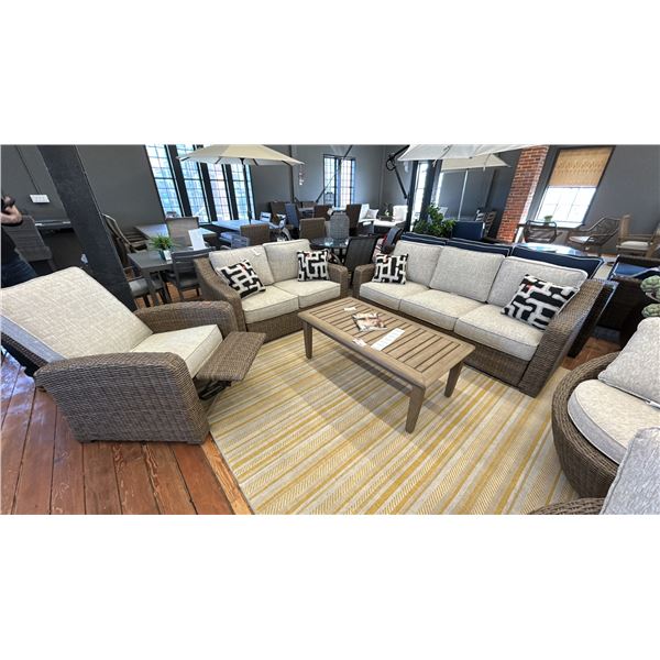 ASHLEY FURNITURE 4 PIECE PATIO SET. 82" WIDE SOFA, 58" WIDE LOVESEAT, RECLINING SIDE CHAIR,