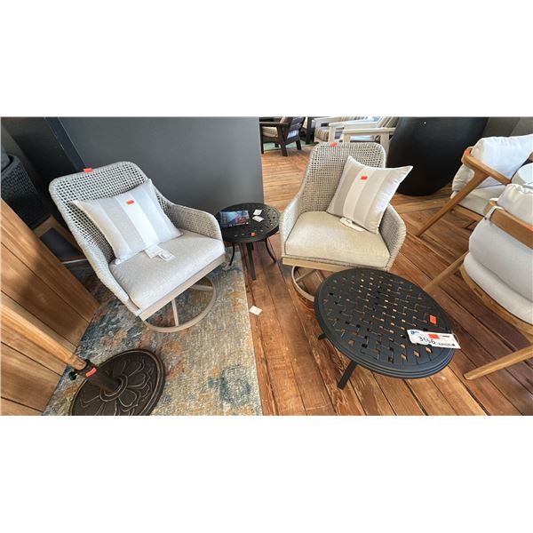 PAIR OF ASHLEY FURNITURE SWIVEL ROCKING CHAIRS, ALUMINUM FRAME, 2- 22" ROUND SIDE TABLES