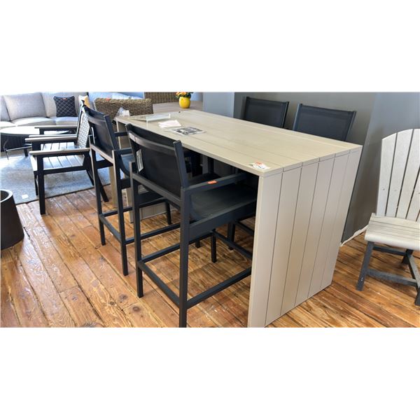 5 PIECE SUNPAN FURNITURE PATIO TABLE SET. 68" PUB HEIGHT TABLE W/ 4 MESH BACK ALUMINUM FRAME CHAIRS.