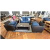 Image 2 : 5 PIECE ASHLEY FURNITURE PATIO SET. BLUE CUSHION 57" LOVESEAT, 2 SIDE CHAIRS, 48" COFFEE TABLE