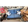 Image 3 : 5 PIECE ASHLEY FURNITURE PATIO SET. BLUE CUSHION 57" LOVESEAT, 2 SIDE CHAIRS, 48" COFFEE TABLE