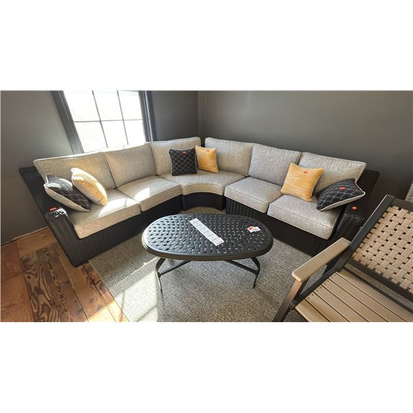 ASHLEY FURNITURE 4 PIECE PATIO SET. 8'6" X 8'6", W/ 42" COFFEE TABLE, W/ THROW CUSHIONS