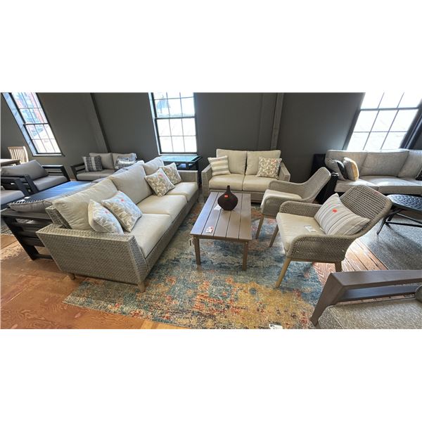 ASHLEY FURNITURE 5 PIECE PATIO SET. 82" SOFA, 58" LOVESEAT, 2 SIDE CHAIRS, 44" COFFEE TABLE,