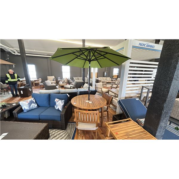 ASHLEY FURNITURE PATIO SET. 46" ROUND TABLE, 2 SIDE CHAIRS, TREASURE GARDEN GREEN UMBRELLA