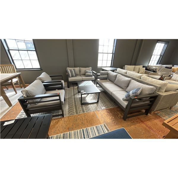 ASHLEY FURNITURE 5 PC PATIO SET. 78" SOFA, 55" LOVESEAT, 39" COFFEE TABLE. 2 CHAIRS, INC CUSHIONS.