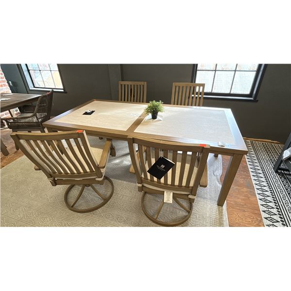 ASHLEY FURNITURE 5 PC PATIO DINING SET. 7' X 42" DINING TABLE, 2 SWIVEL ROCKER DINING CHAIRS, 2