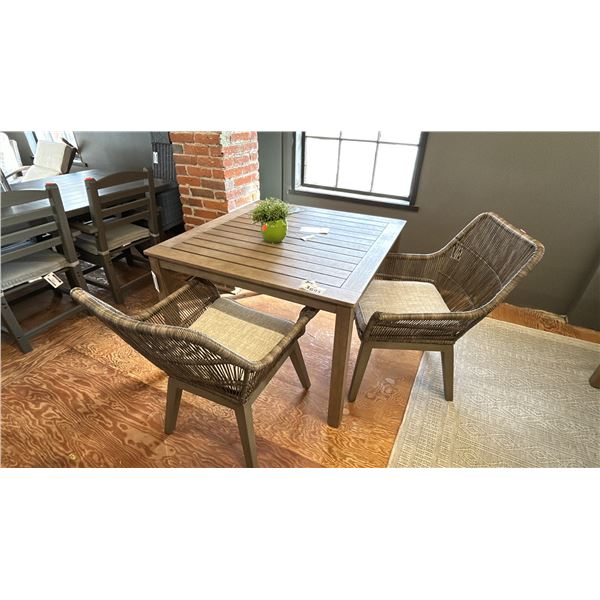ASHLEY FURNITURE 3 PC PATIO DINING SET. 42" SQUARE TABLE WITH 2 CHAIRS. INC FAUX PLANT. RETAIL $2800