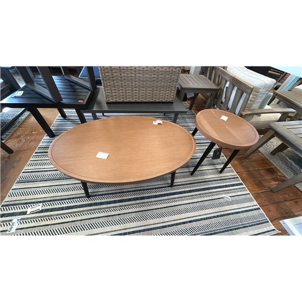 PAIR OF ASHLEY FURNITURE WOOD GRAIN LOOK PATIO TABLES. 48" OVAL, 22" ROUND WITH BLACK LEGS