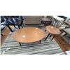 Image 1 : PAIR OF ASHLEY FURNITURE WOOD GRAIN LOOK PATIO TABLES. 48" OVAL, 22" ROUND WITH BLACK LEGS
