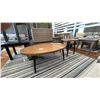 Image 2 : PAIR OF ASHLEY FURNITURE WOOD GRAIN LOOK PATIO TABLES. 48" OVAL, 22" ROUND WITH BLACK LEGS