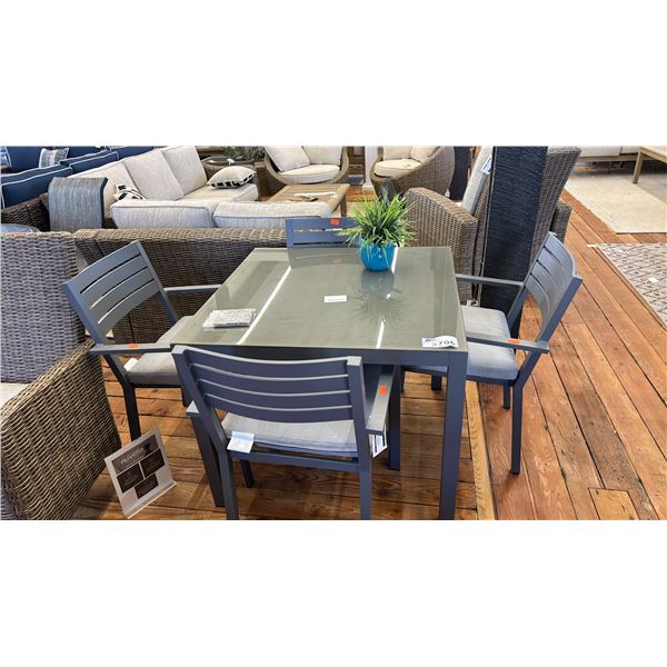 5 PC WOOD ART FURNITURE DINING SET. GLASS TOP 36" SQUARE TABLE WITH 4 CHAIRS. RETAIL $3600,
