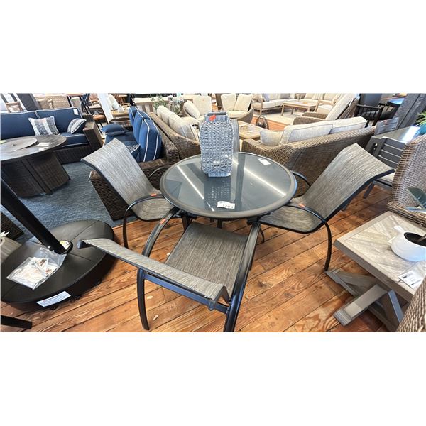 5 PC WOOD ART FURNITURE PATIO DINING SET. 42" ROUND TABLE, GLASS TOP, 4 CHAIRS, ALUMINUM FRAME.