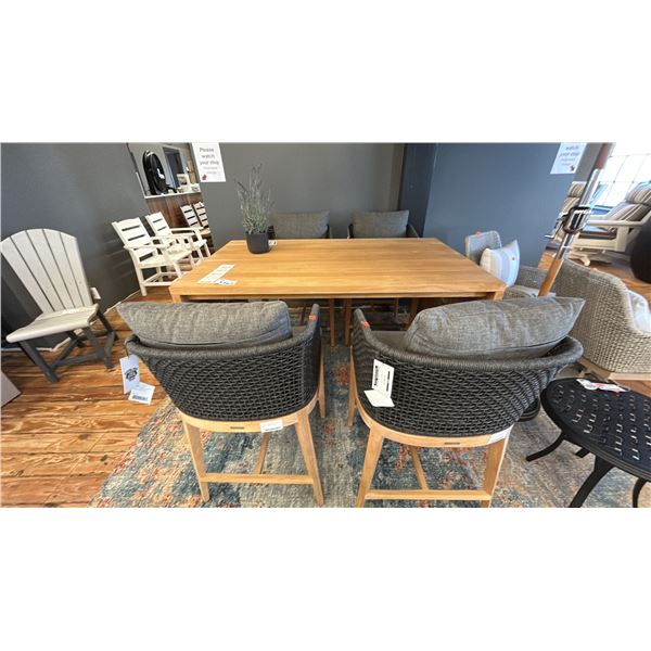 SUNPAN PATIO TABLE SET. HARDWOOD TABLE 5' X 35" X 36"H WITH 4 WOOD FRAME WOVEN TYPE CHAIRS WITH