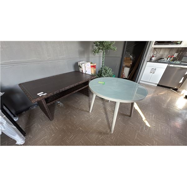 2 PATIO TABLES. ASHLEY FURNITURE BROOKRANCH 60" X 35" AND ROUND GLASS TOP TABLE 40". NOTE ONE LEG