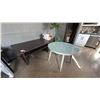 Image 1 : 2 PATIO TABLES. ASHLEY FURNITURE BROOKRANCH 60" X 35" AND ROUND GLASS TOP TABLE 40". NOTE ONE LEG