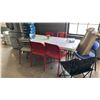 Image 1 : GROUP LOT. FOLDING TABLE, 6 CHAIRS AND 6 TREASURE GARDEN HALO UMBRELLA LIGHTS 110V