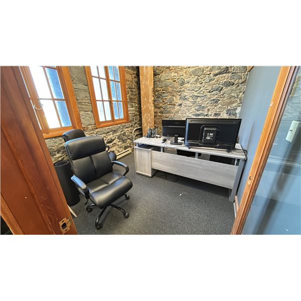 CONTENTS OF OFFICE. 6' X 27" DESK WITH TWO DRAWER PEDESTALS. 3 SEALY BLACK OFFICE CHAIRS.