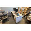 Image 3 : CONTENTS OF OFFICE. 6' X 27" DESK WITH TWO DRAWER PEDESTALS. 3 SEALY BLACK OFFICE CHAIRS.