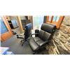 Image 5 : CONTENTS OF OFFICE. 6' X 27" DESK WITH TWO DRAWER PEDESTALS. 3 SEALY BLACK OFFICE CHAIRS.
