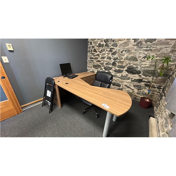 CONTENTS OF OFFICE. 85" X 72" L SHAPE DESK WITH TWO 3 DRAWER PEDESTALS, SEALY OFFICE CHAIR.