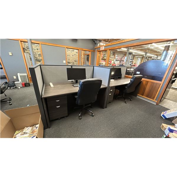 GROUP OF 8 WORKSTATIONS. 48" HIGH PANELS. 60" X 30" FREE STANDING DESKS. 3 - 27" CURVED MONITORS