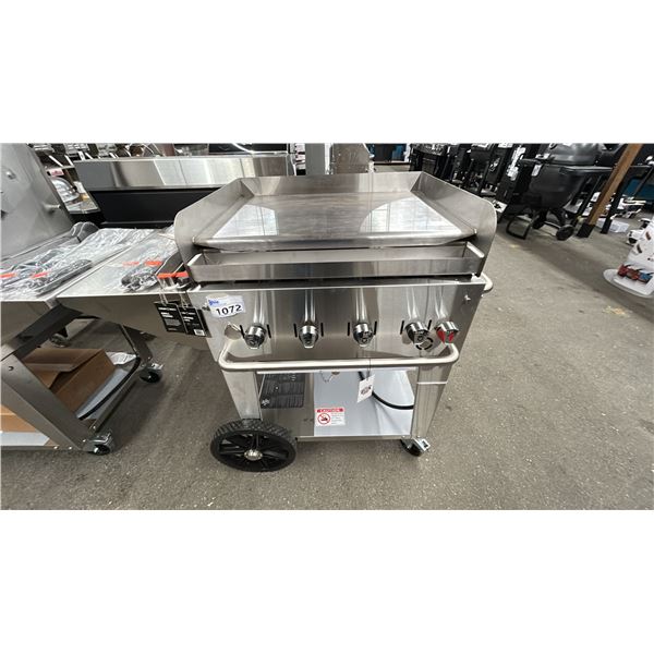 CROWN VERITY. MOBILE 28" GRIDDLE. HEAVY STAINLESS. PROPANE. W/ COOKING UTENSILS. 4 BURNERS