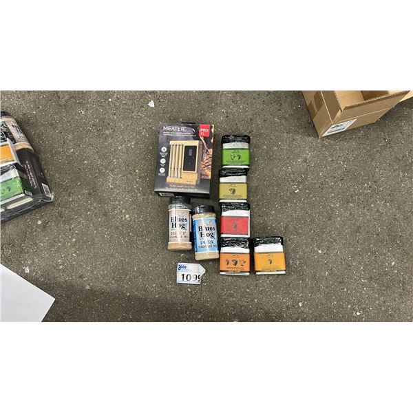 BBQ ACCESSORY PACK RETAIL $500. MEATER PRO XL ($385), SPICES.