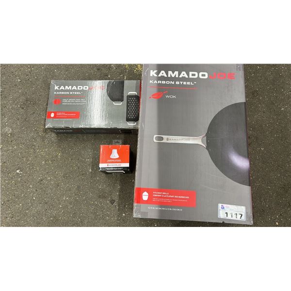GROUP LOT OF 3 KAMADO JOE ACCESSORIES.  KARBON STEEL WOK, HALF MOON PAN SET AND CHICKEN STAND.