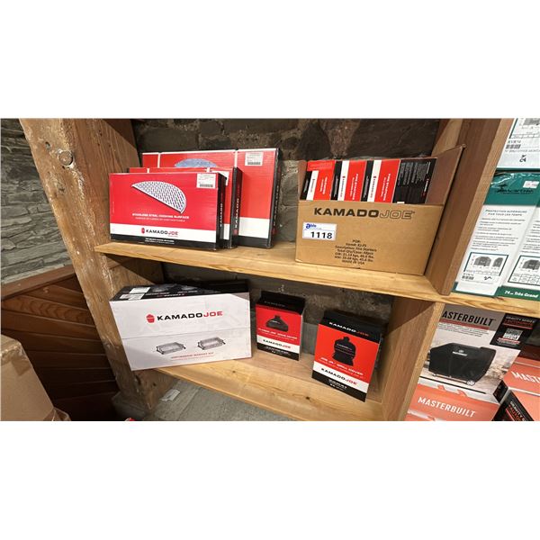 GROUP LOT - CONTENTS OF 2 SHELVES OF KAMADO JOE ACCESSORIES.  JOETISSERIE BASKET. BIG JOE HALF MOON