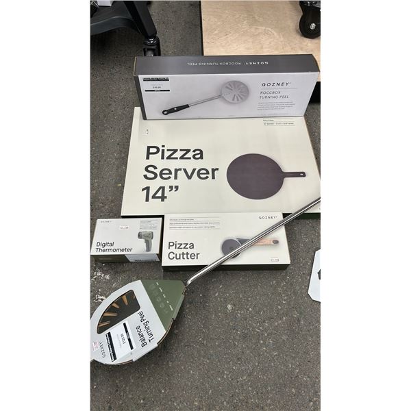 GROUP LOT OF 5 PIZZA ACCESSORIES.  DIGITAL THERMOMETER, PEEL, PIZZA SERVER, BALANCE PEEL, PIZZA