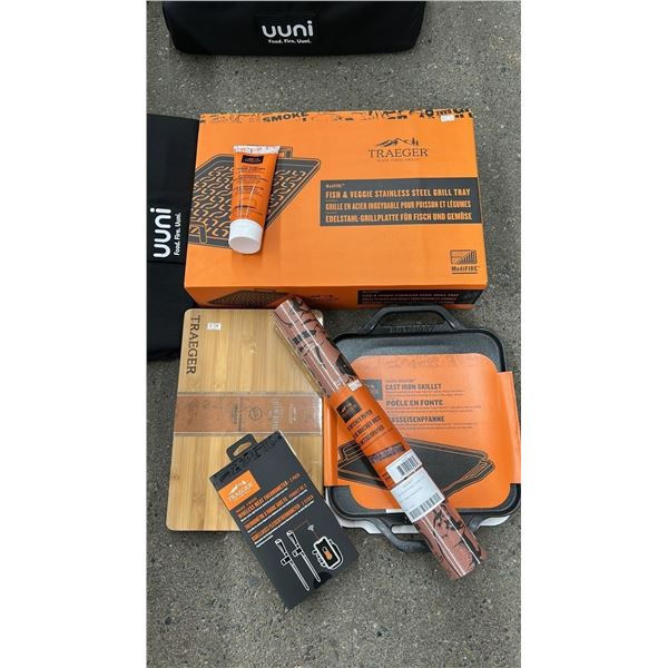 GROUP LOT OF TRAEGER ACCESSORIES.  MEATER X WIRELESS MEAT THERMOMETER - 2 PACK, FISH & VEGGIE TRAY,