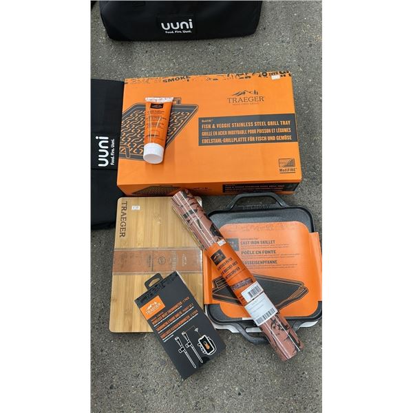 GROUP LOT OF TRAEGER ACCESSORIES.  MEATER X WIRELESS MEAT THERMOMETER - 2 PACK, FISH & VEGGIE TRAY,