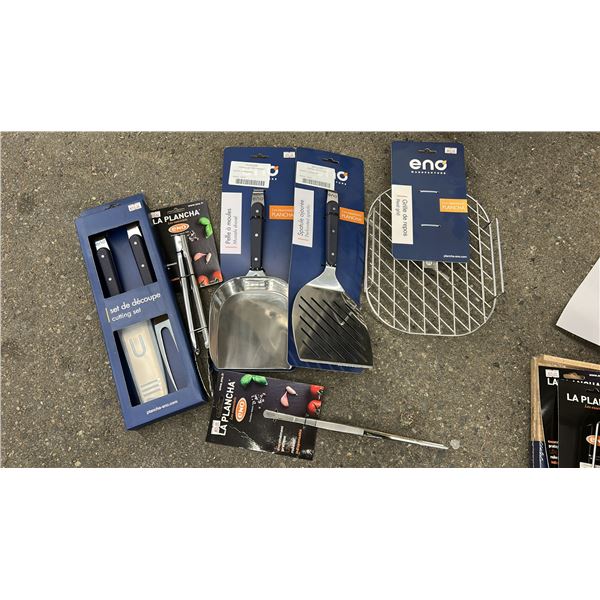 GROUP LOT OF ENO ACCESSORIES.  KNIFE SET, TWEEZERS, REST GRID, 3 ASST. TOOLS. APPROX VALUE = $405.00