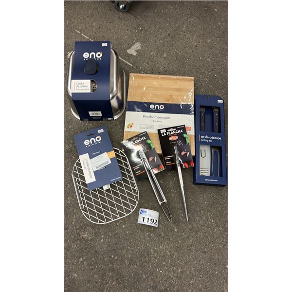 GROUP LOT OF ENO ACCESSORIES.  KNIFE SET, TONGS AND TWEEZERS, REST GRID, COOKING DOME AND CUTTING