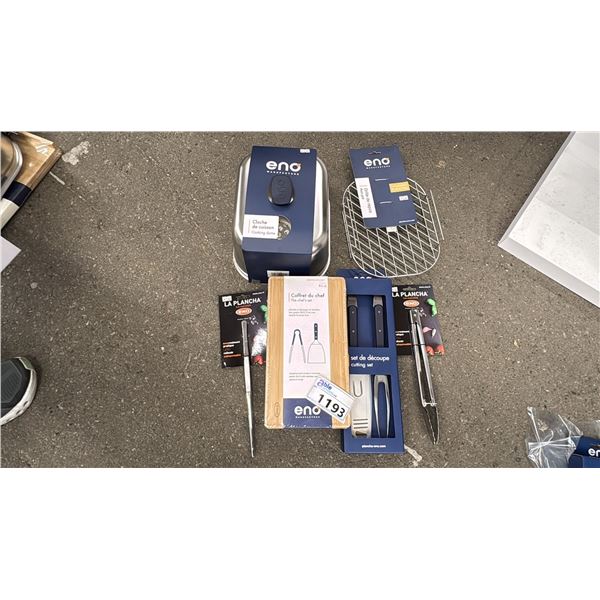 GROUP LOT OF ENO ACCESSORIES.  KNIFE SET, REST GRID, COOKING DOME, CHEF SET, TWEEZERS AND TONGS.