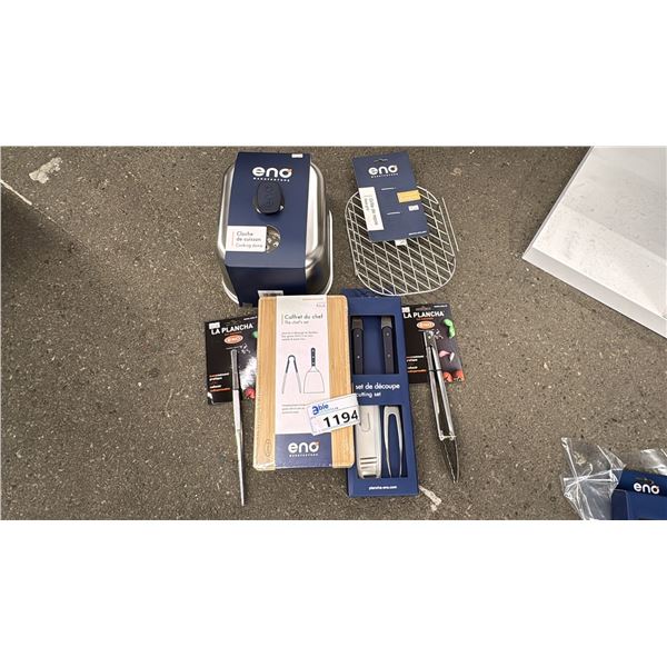 GROUP LOT OF ENO ACCESSORIES.  KNIFE SET, REST GRID, COOKING DOME, CHEF SET, TWEEZERS AND TONGS.