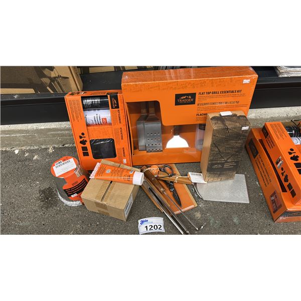 GROUP LOT OF TRAEGER ACCESSORIES.  BOX OF RUBS, LINERS, CLEANING KIT, GRILL ESSENTIALS, CLEANER,