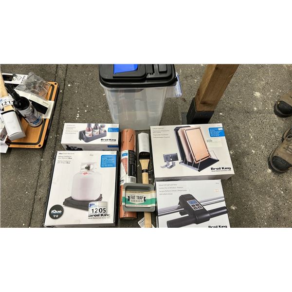 GROUP LOT BROIL KING ACCESSORIES.  TANK SCALE, ORGANIZER, CONDIMENT BIN, BUTCHER PAPER, BRUSH, FAT
