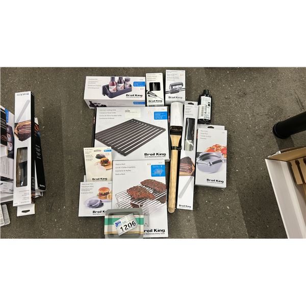 GROUP LOT OF BROIL KING ACCESSORIES.  STACK A RACK, CONDIMENT BIN, GRILL BRUSH, FAT TRAP, BURGER
