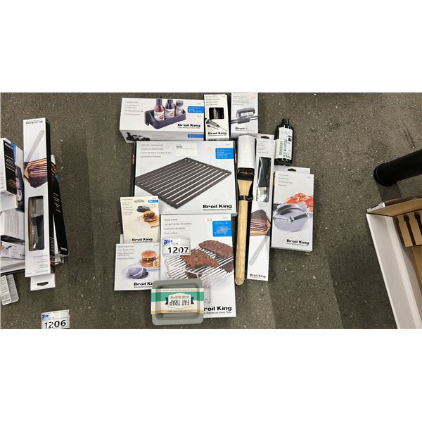 GROUP LOT OF BROIL KING ACCESSORIES.  STACK A RACK, CONDIMENT BIN, GRILL BRUSH, FAT TRAP, BURGER