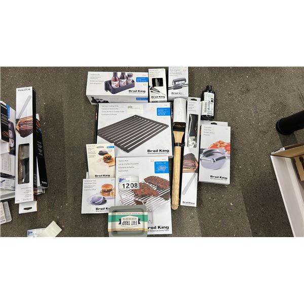 GROUP LOT OF BROIL KING ACCESSORIES.  STACK A RACK, CONDIMENT BIN, GRILL BRUSH, FAT TRAP, BURGER