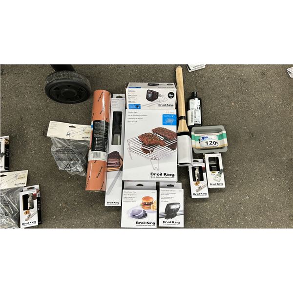 GROUP LOT OF BROIL KING ACCESSORIES.  STACK A RACK, SMART THERMOMETER, CREAM, BURGER PRESS, FAT TRAP