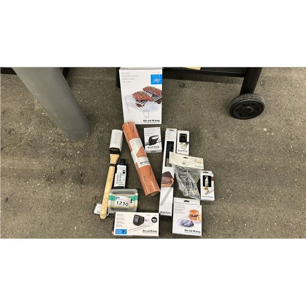 GROUP LOT OF BROIL KING ACCESSORIES.  STACK A RACK, SMART THERMOMETER, CREAM, BURGER PRESS, FAT TRAP