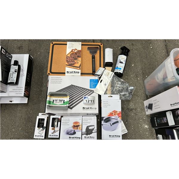 GROUP LOT OF BROIL KING ACCESSORIES.  COOKING GRID, FAT TRAP, ROTISSERIE FORKS, CUTTING BOARD,