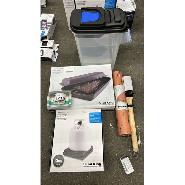 GROUP LOT OF BROIL KING ACCESSORIES.  TANK SCALE, MULTI ROASTER, BUTCHER PAPER, BRUSH, FAT TRAP